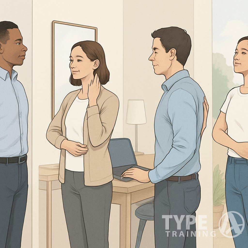 People in different everyday settings performing simple posture self-assessment exercises.