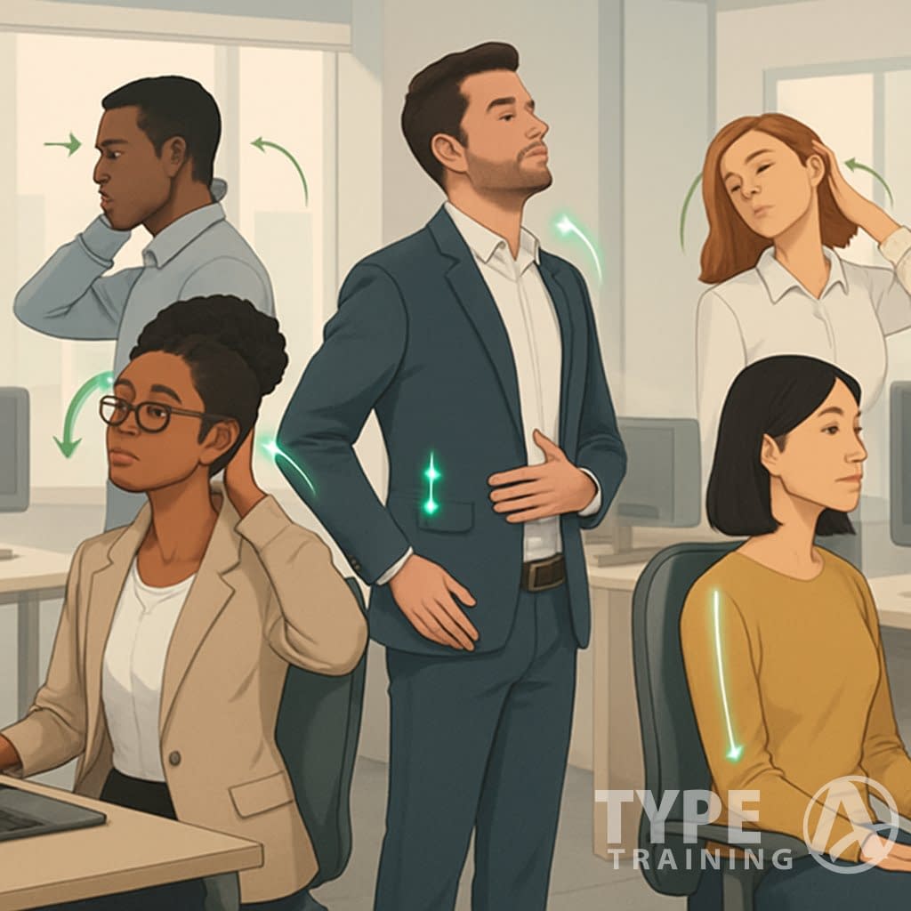 A group of professionals in an office performing quick posture self-assessment exercises, standing and sitting while checking their alignment and stretching.