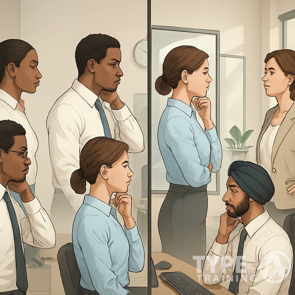 Several professionals in an office performing quick posture checks by standing and sitting with straight backs and using a wall or mirror for alignment.