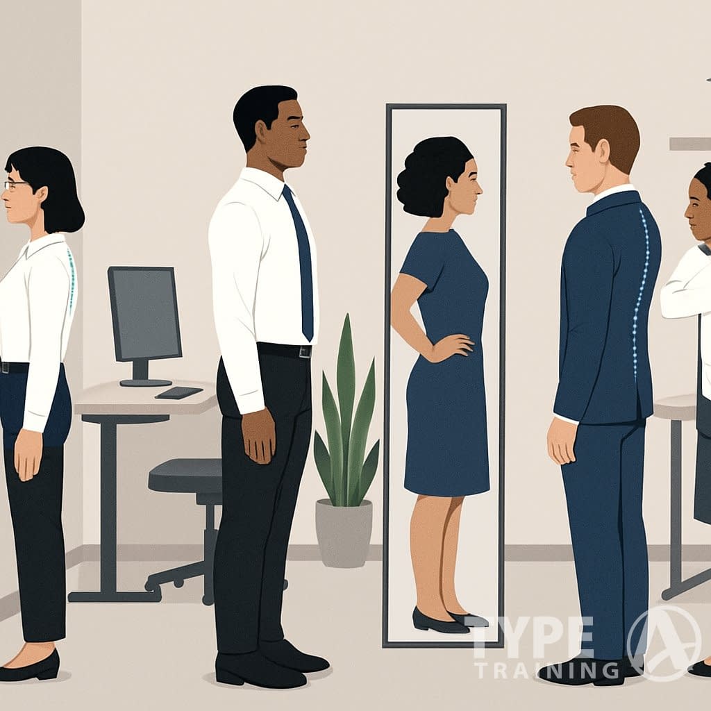 A group of professionals in an office performing quick posture self-assessment exercises to improve their posture.