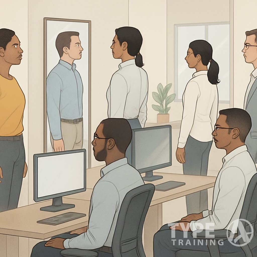 Several professionals in an office performing quick posture self-assessment tests, standing and sitting with attention to their posture.