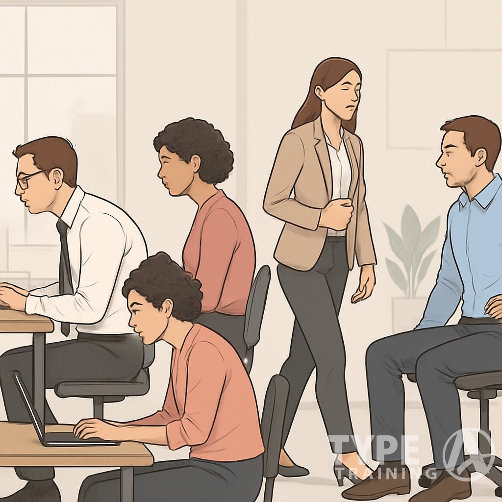 A group of office workers displaying various posture problems such as slouching, forward head posture, and rounded shoulders in a workplace setting.