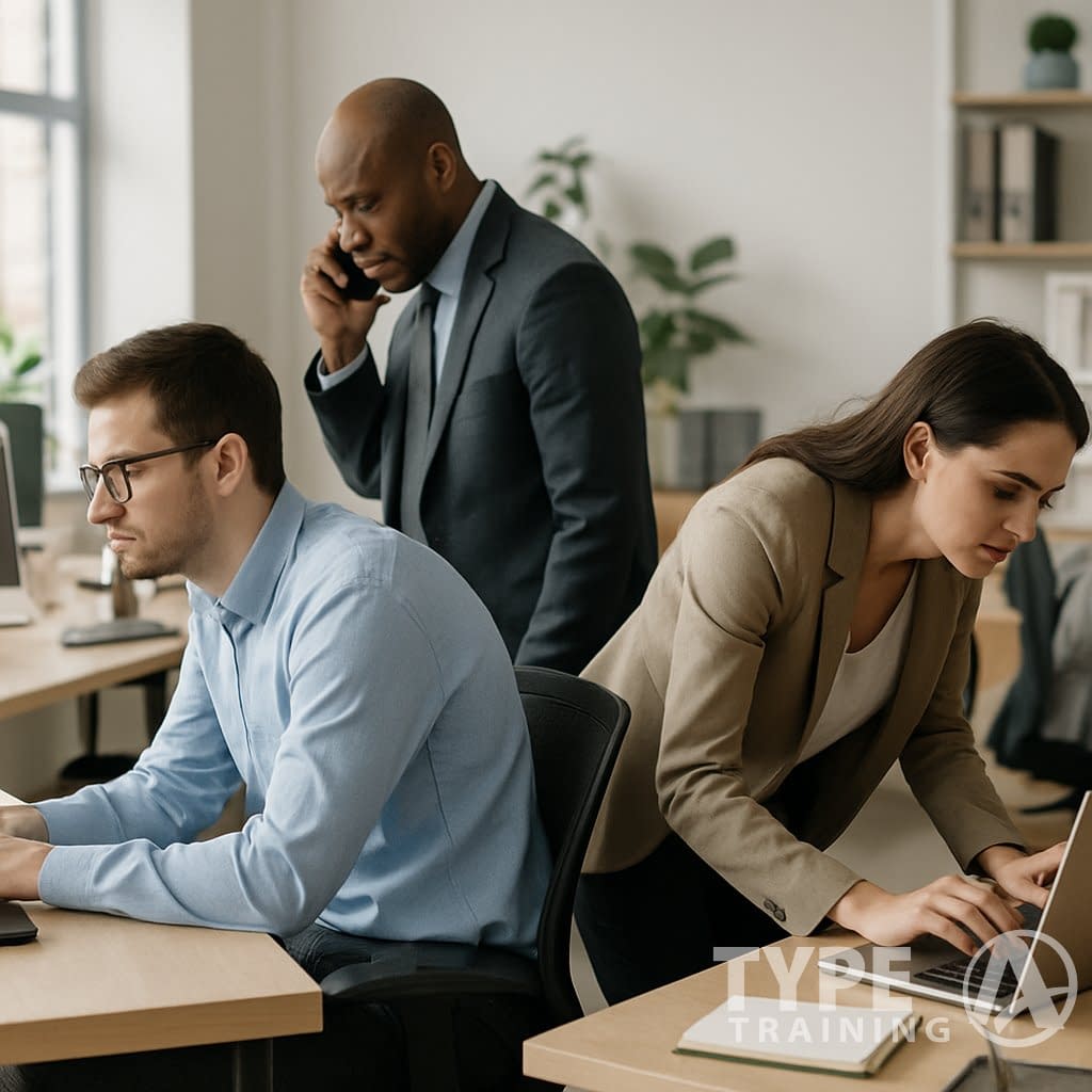 Several office workers showing common posture problems like slouching and hunching while working at desks and standing in an office.