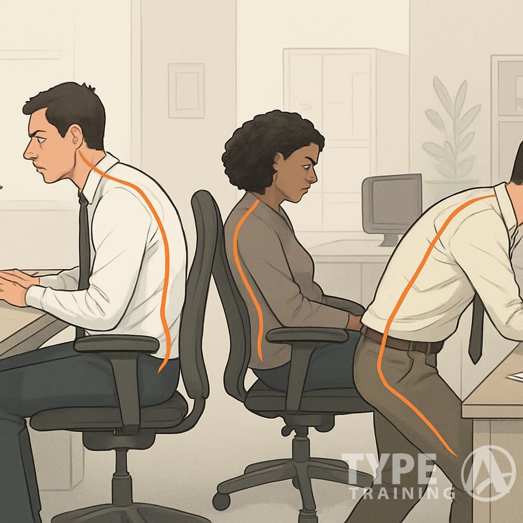 Three office workers at desks showing different common posture problems like slouching, forward head posture, and twisted spine in a typical office setting.