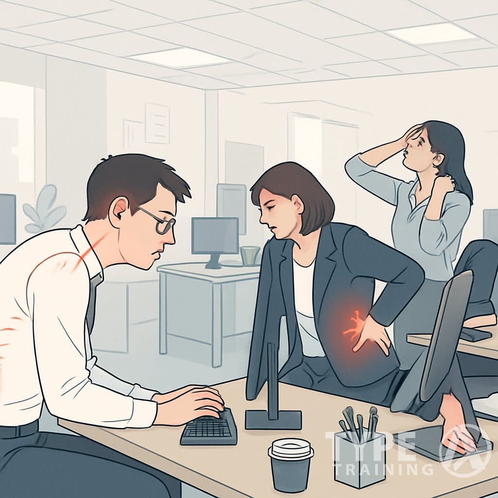 Office scene showing several professionals at desks with poor posture, including slouching, twisted spine, and neck stretching, indicating discomfort and strain.