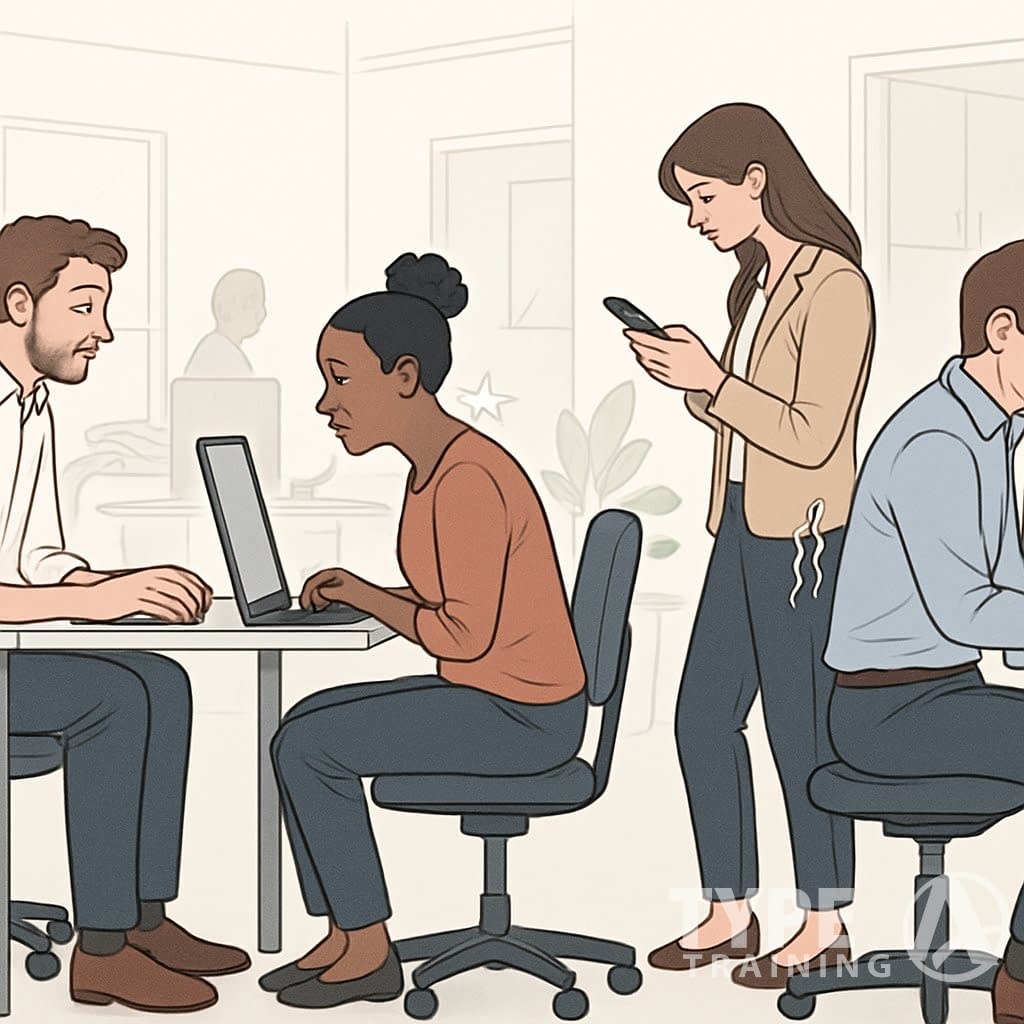 A group of office workers showing common posture problems like slouched backs and forward head posture while sitting at desks in a modern office setting.