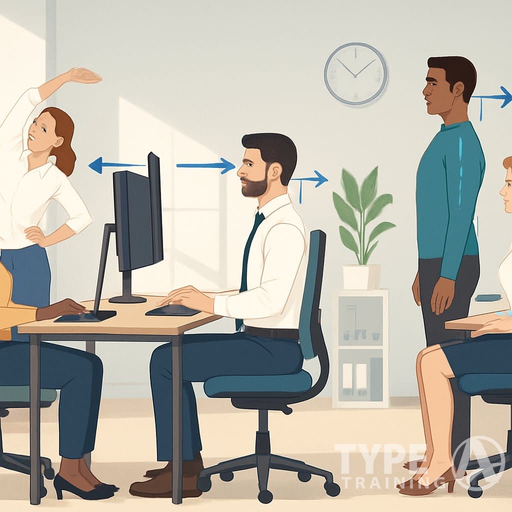 A group of professionals in an office demonstrating good posture while sitting, standing, and stretching at their workstations.