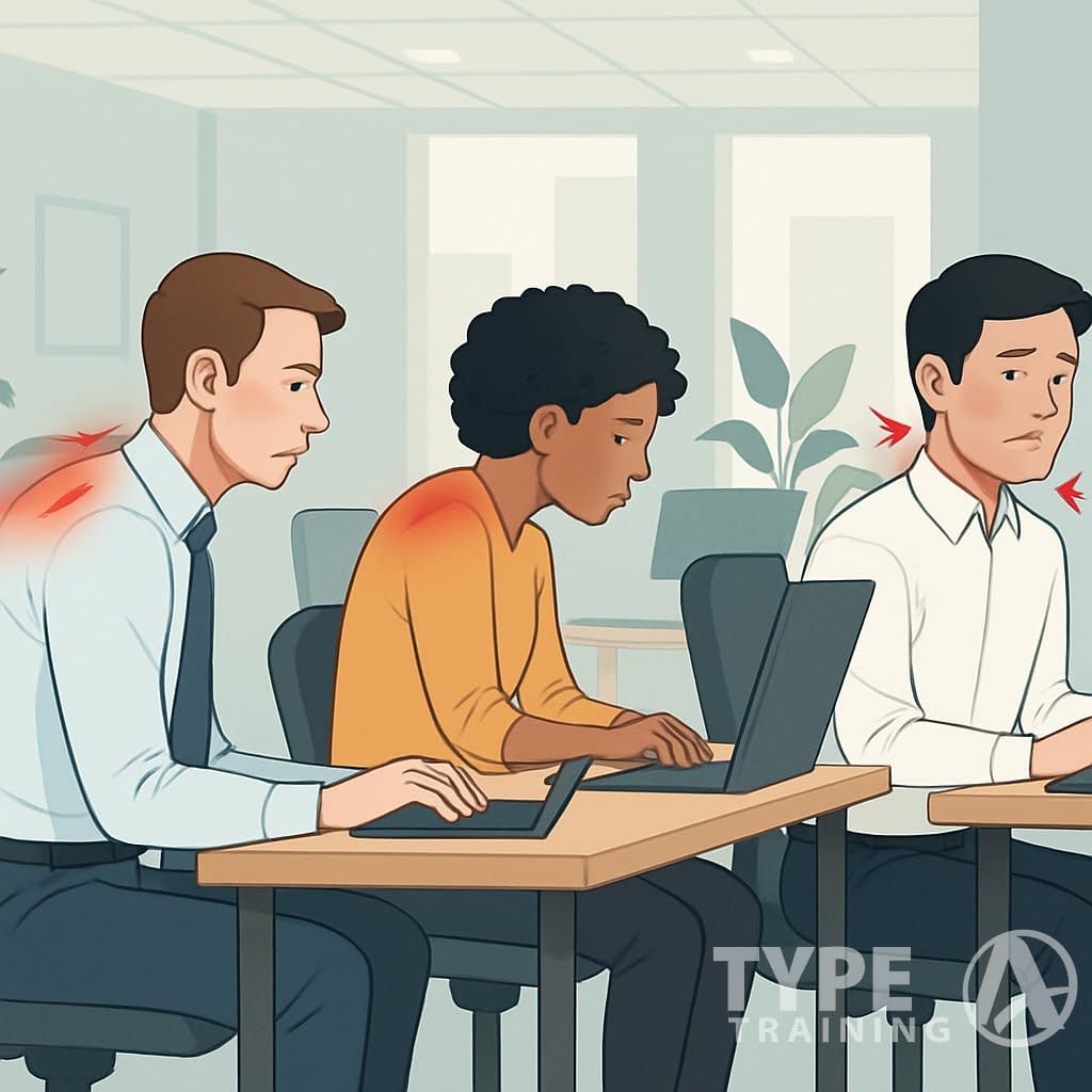 Three office workers sitting at desks showing different posture problems like slouching, forward head, and uneven shoulders in an office setting.