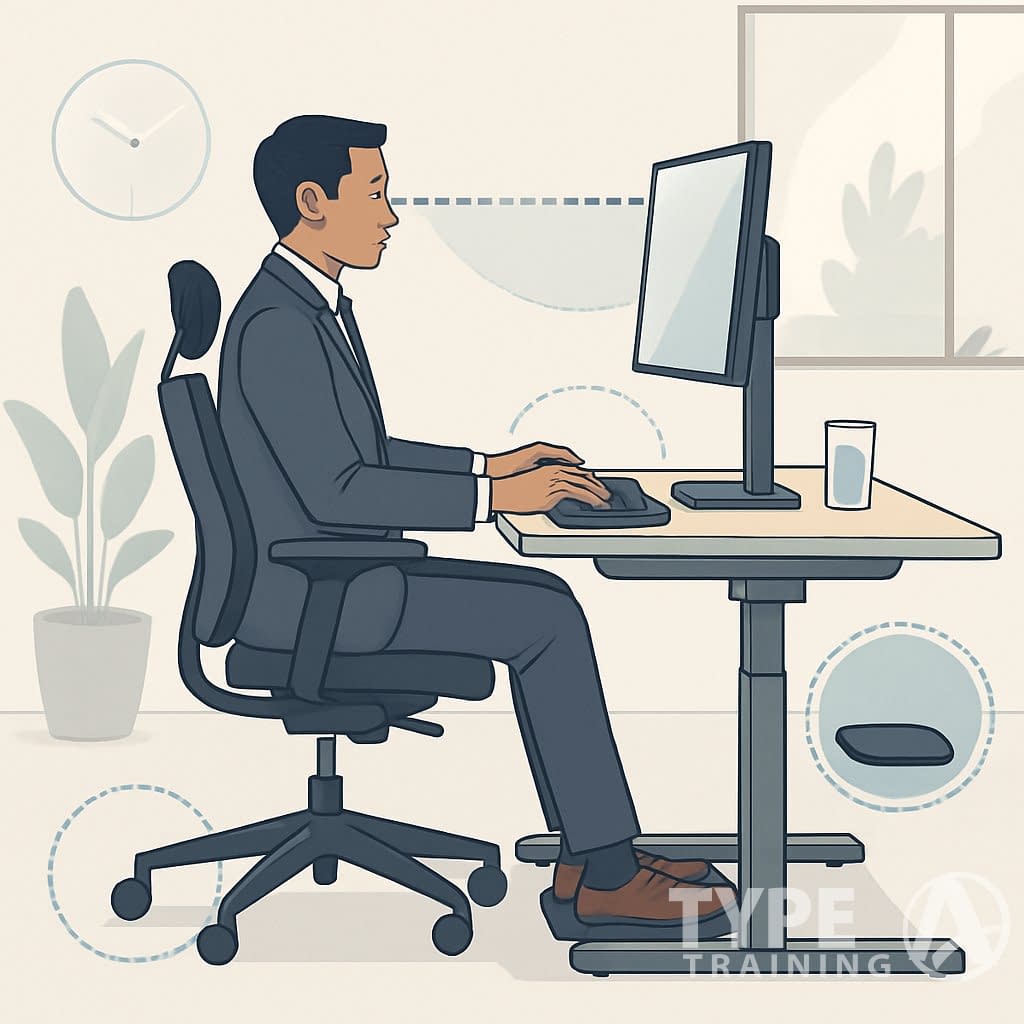 A professional sitting at an ergonomic office desk with a computer, chair, and accessories designed for comfort and proper posture in a modern workspace.