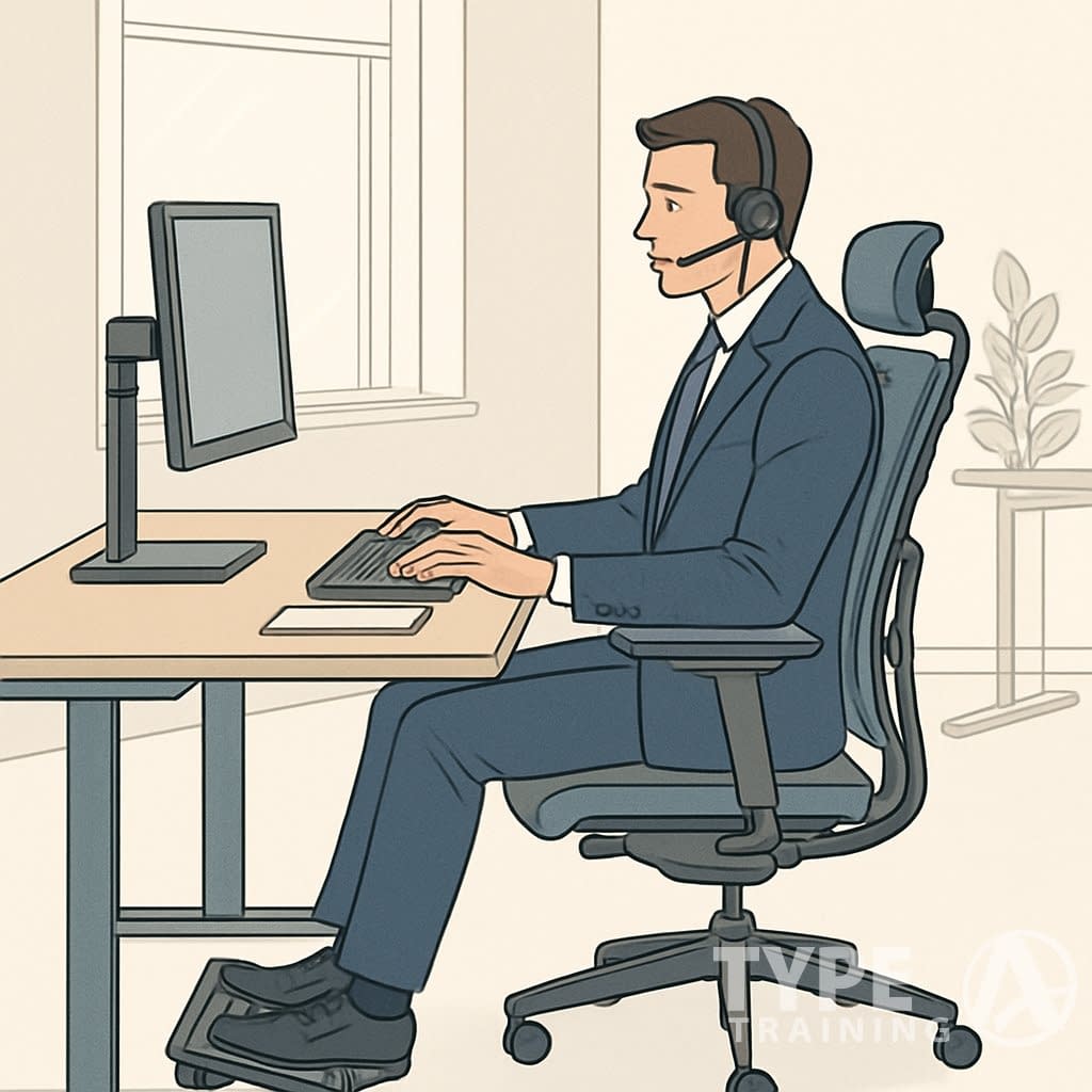 A business professional sitting at an ergonomic office desk with proper posture, using a computer in a well-lit, organized workspace.