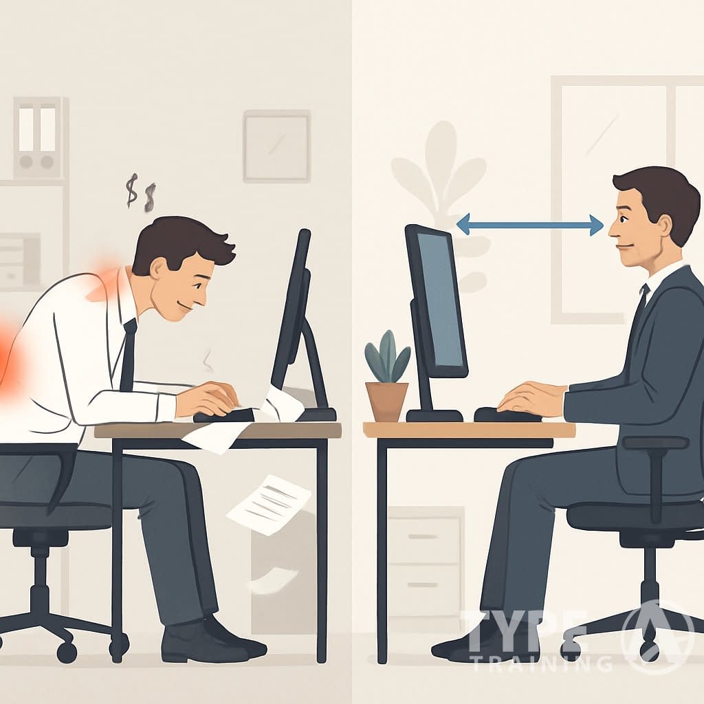 Two office workers at side-by-side desks, one slouching with visible discomfort and a cluttered workspace, the other sitting upright with proper posture and an organized desk.