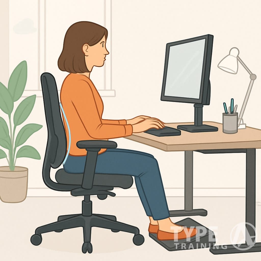 An office workspace showing a person sitting with proper ergonomic posture at a desk with an adjustable chair, computer monitor at eye level, keyboard and mouse positioned for comfort, and a footrest under the desk.