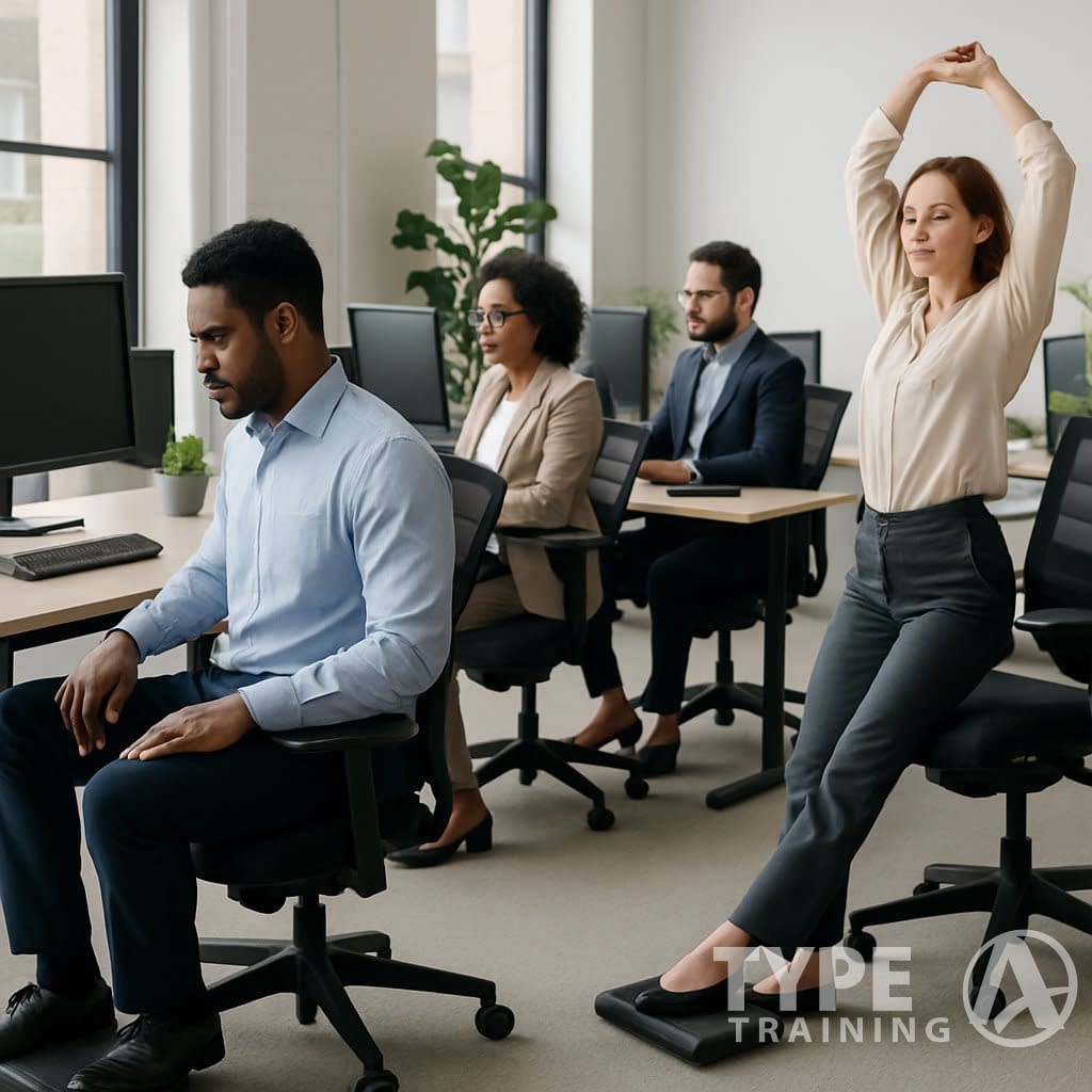 A group of professionals working at ergonomic office workstations, adjusting chairs and stretching to maintain good posture.