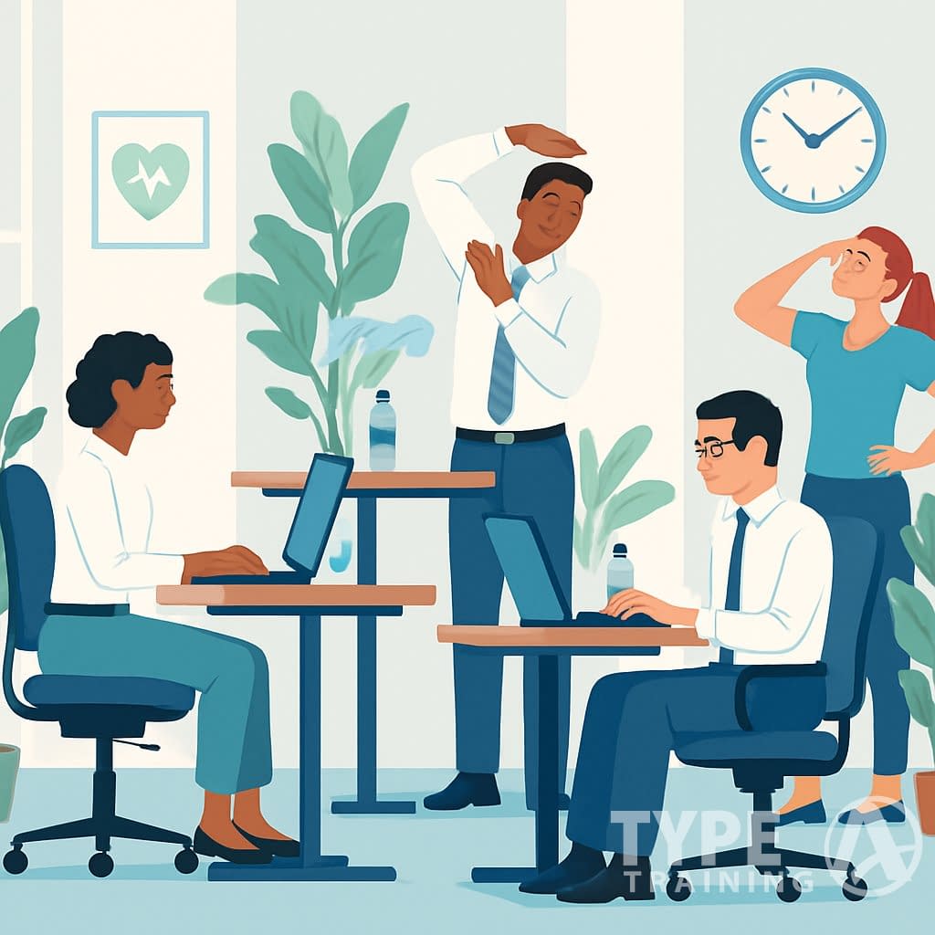 Office workers sitting and standing at desks, stretching and moving to counteract prolonged sitting.