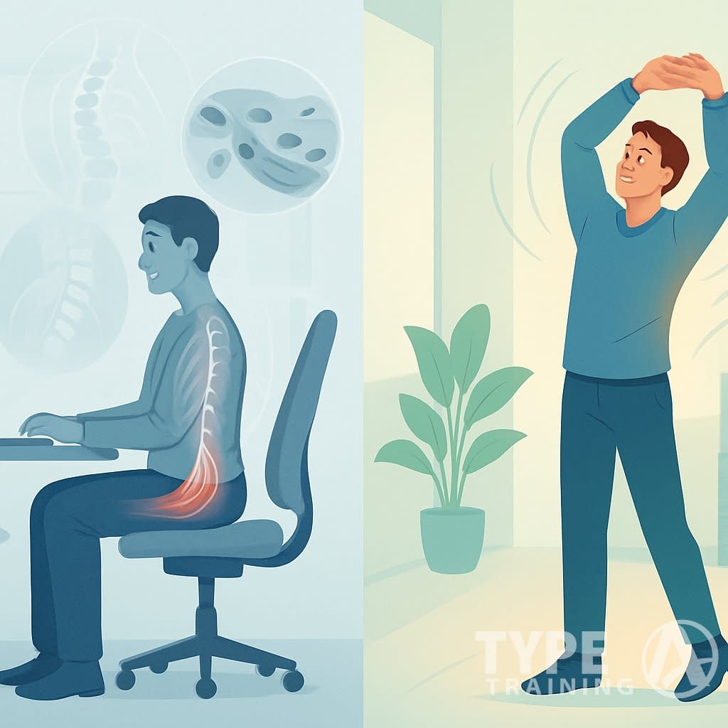 A person sitting at a desk with visual elements showing the effects of prolonged sitting, alongside the same person standing and stretching in a modern office setting.