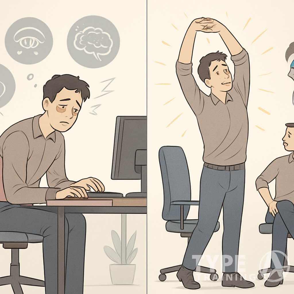 A person sitting at a desk showing signs of discomfort and fatigue on one side, and the same person stretching and exercising to improve health on the other side.