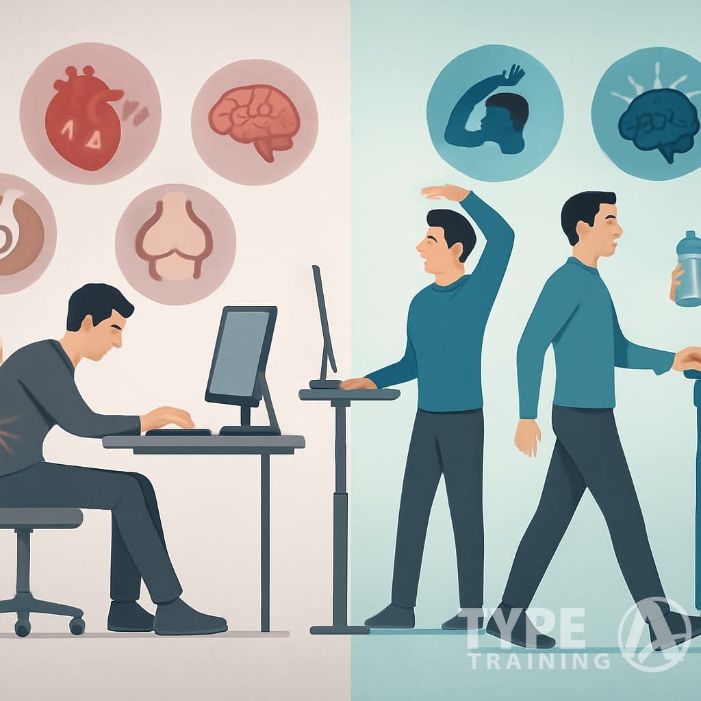 A person sitting at a desk showing health risks on one side, and the same person standing, stretching, and walking on the other side to show ways to counteract prolonged sitting.