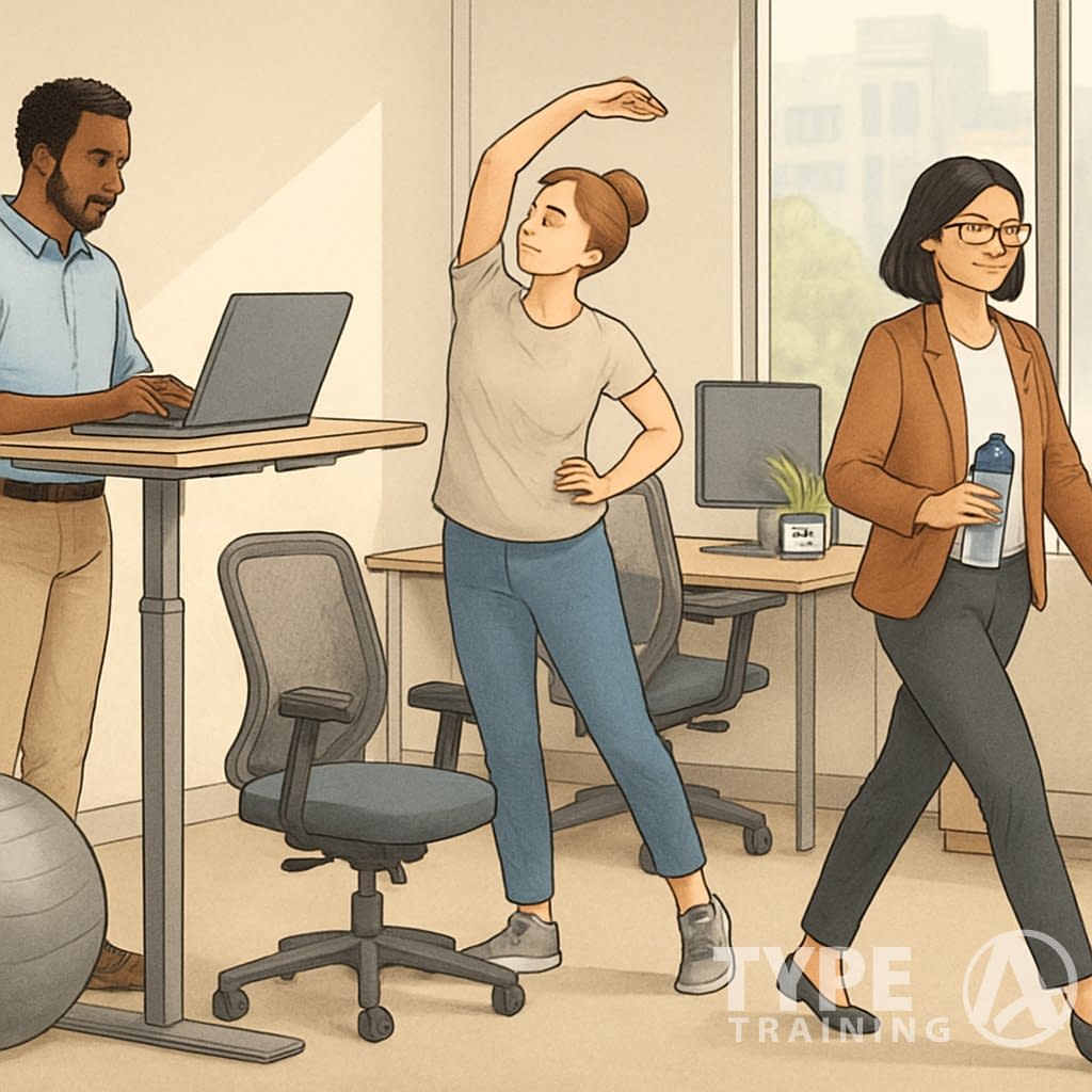 Office workers using standing desks, stretching, and walking to counteract prolonged sitting in a bright workspace.