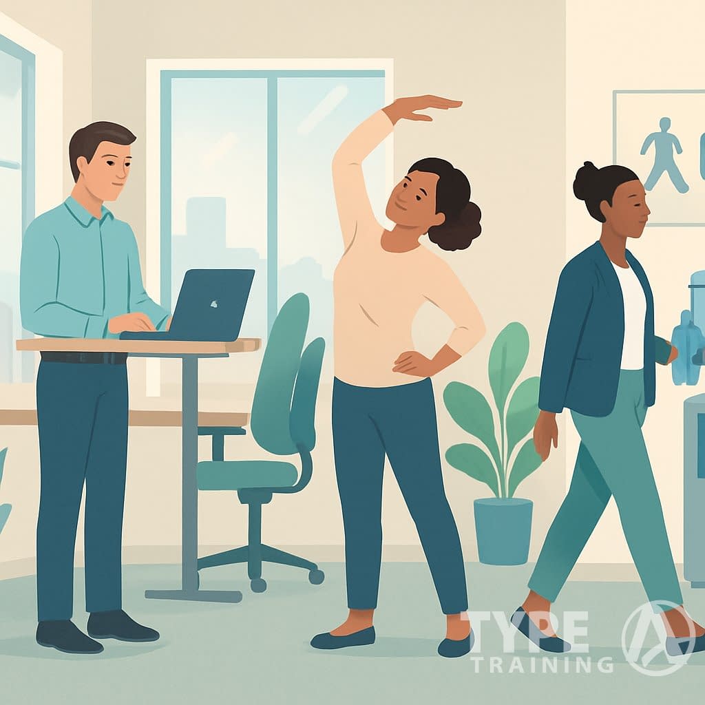Office workers standing, stretching, and walking to promote health and well-being during a workday.
