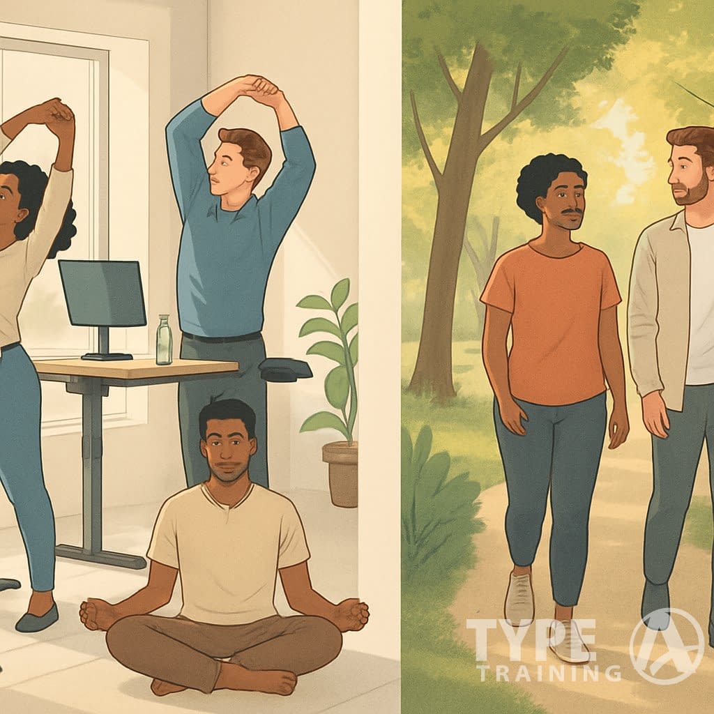 People standing, stretching, meditating indoors, and walking outdoors in a bright, green environment promoting mental health and activity.