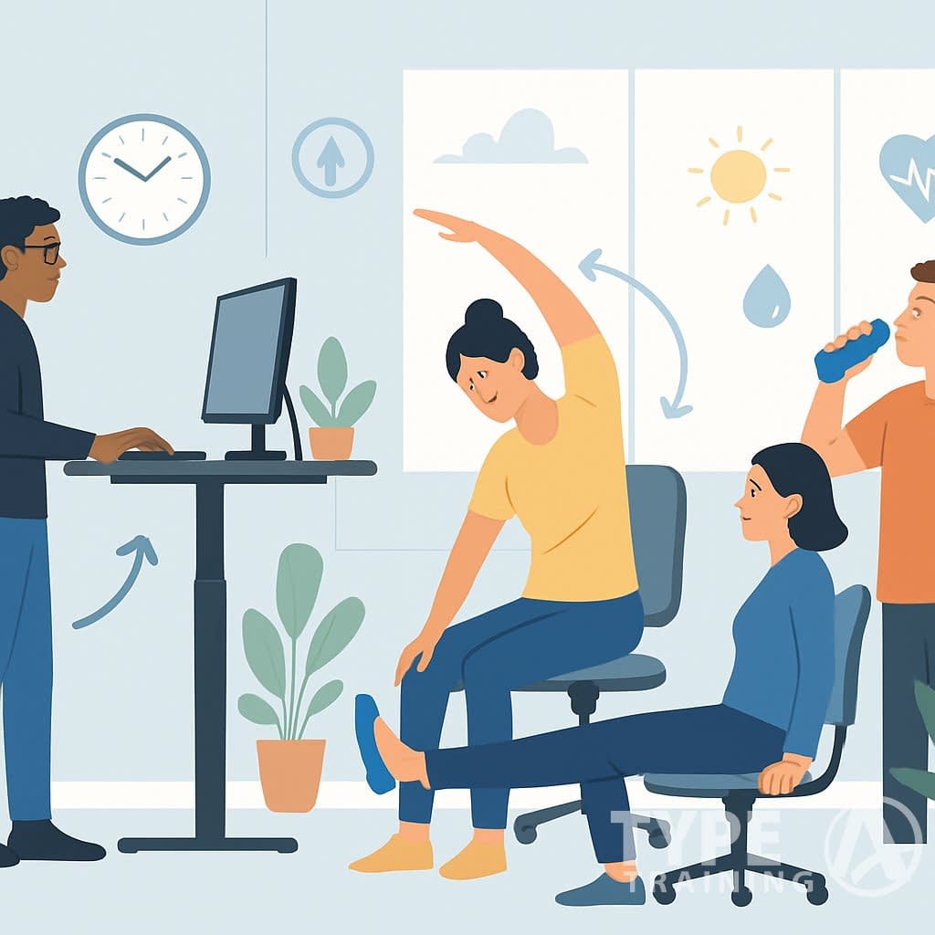 People in an office performing stretches and using ergonomic furniture to reduce the effects of prolonged sitting.