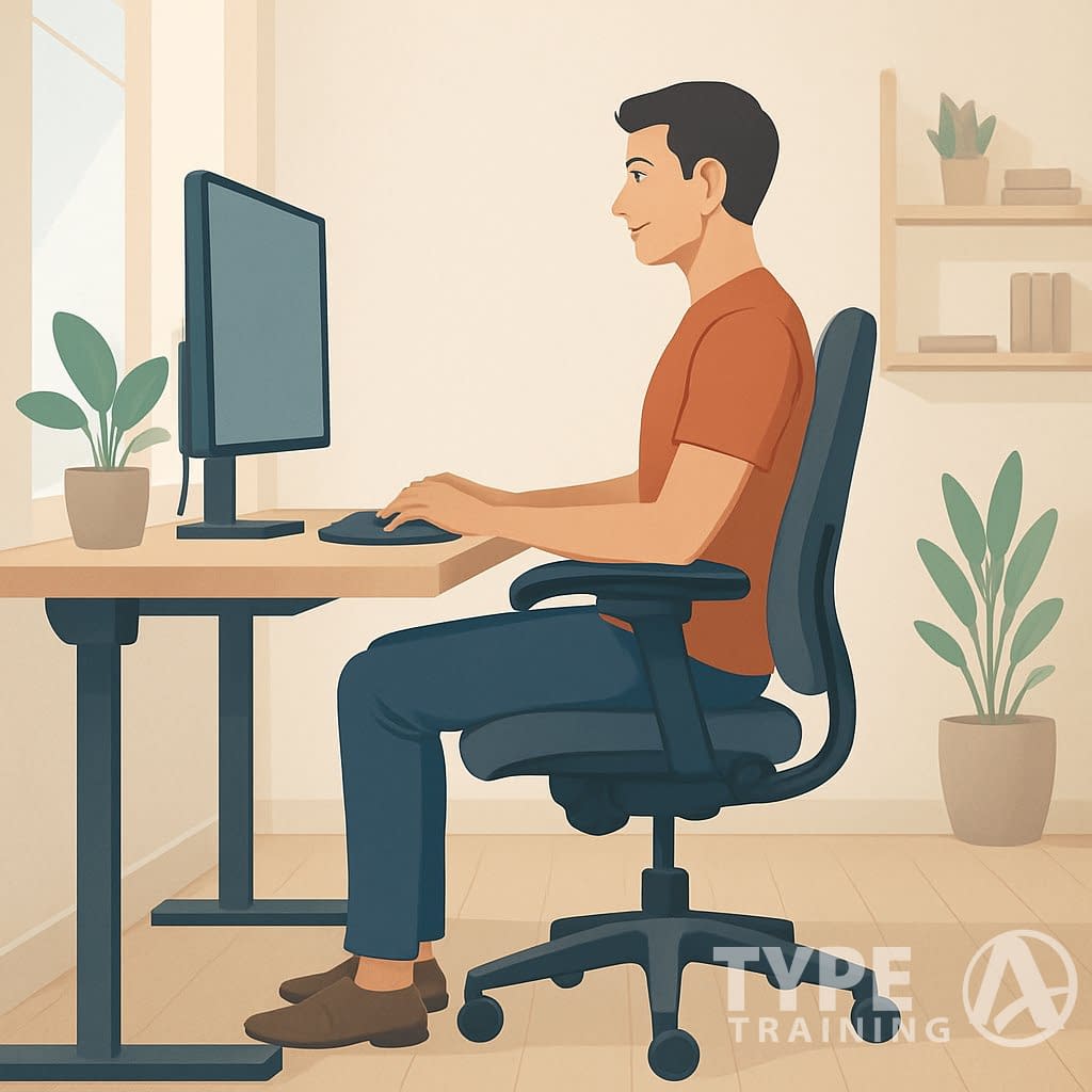 A person sitting upright at a desk in a home office, working on a computer with proper posture and ergonomic setup.
