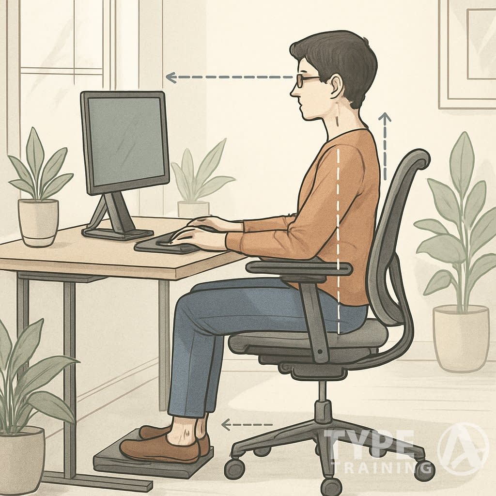 A person sitting at a home desk with proper posture while working on a laptop, with an ergonomic chair and a well-organized workspace.