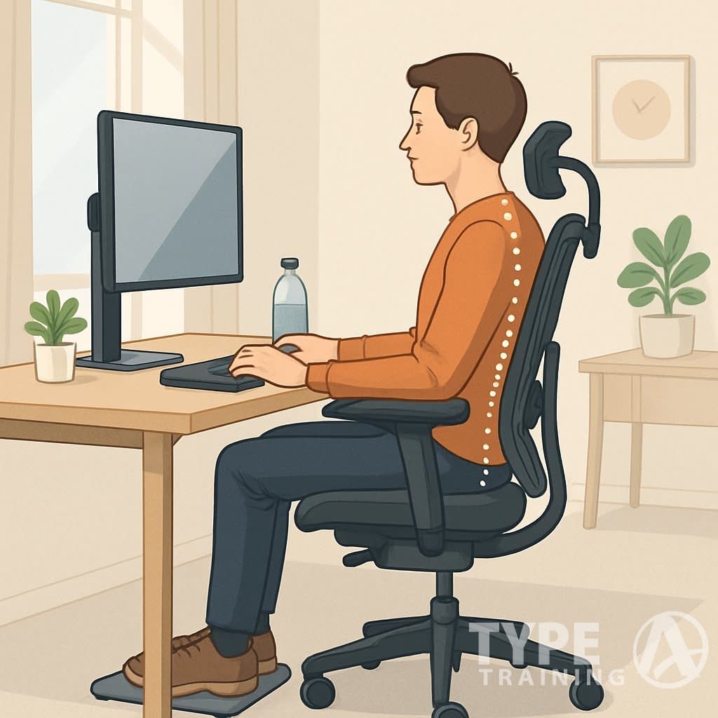 A person sitting at a home office desk with an ergonomic chair, computer monitor at eye level, and feet on a footrest, demonstrating proper posture for remote work.