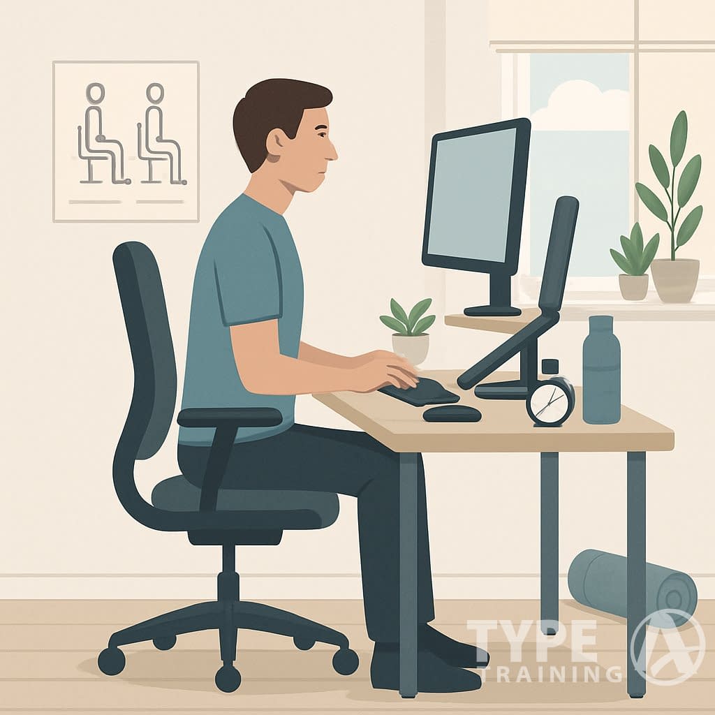 Person sitting upright at a home office desk with ergonomic setup, surrounded by items that encourage good posture and healthy habits.