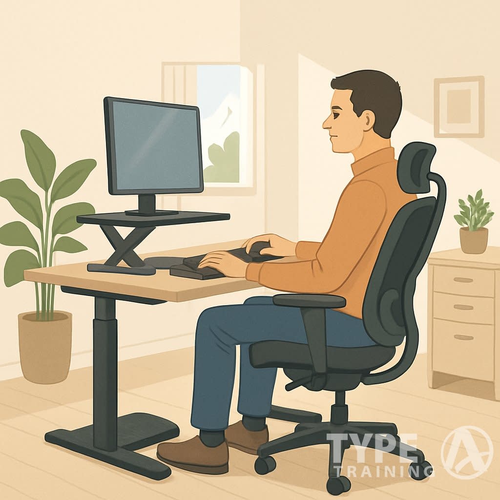 A person sitting at an ergonomic desk in a home office with posture-supporting tools like an adjustable chair, monitor stand, and footrest.
