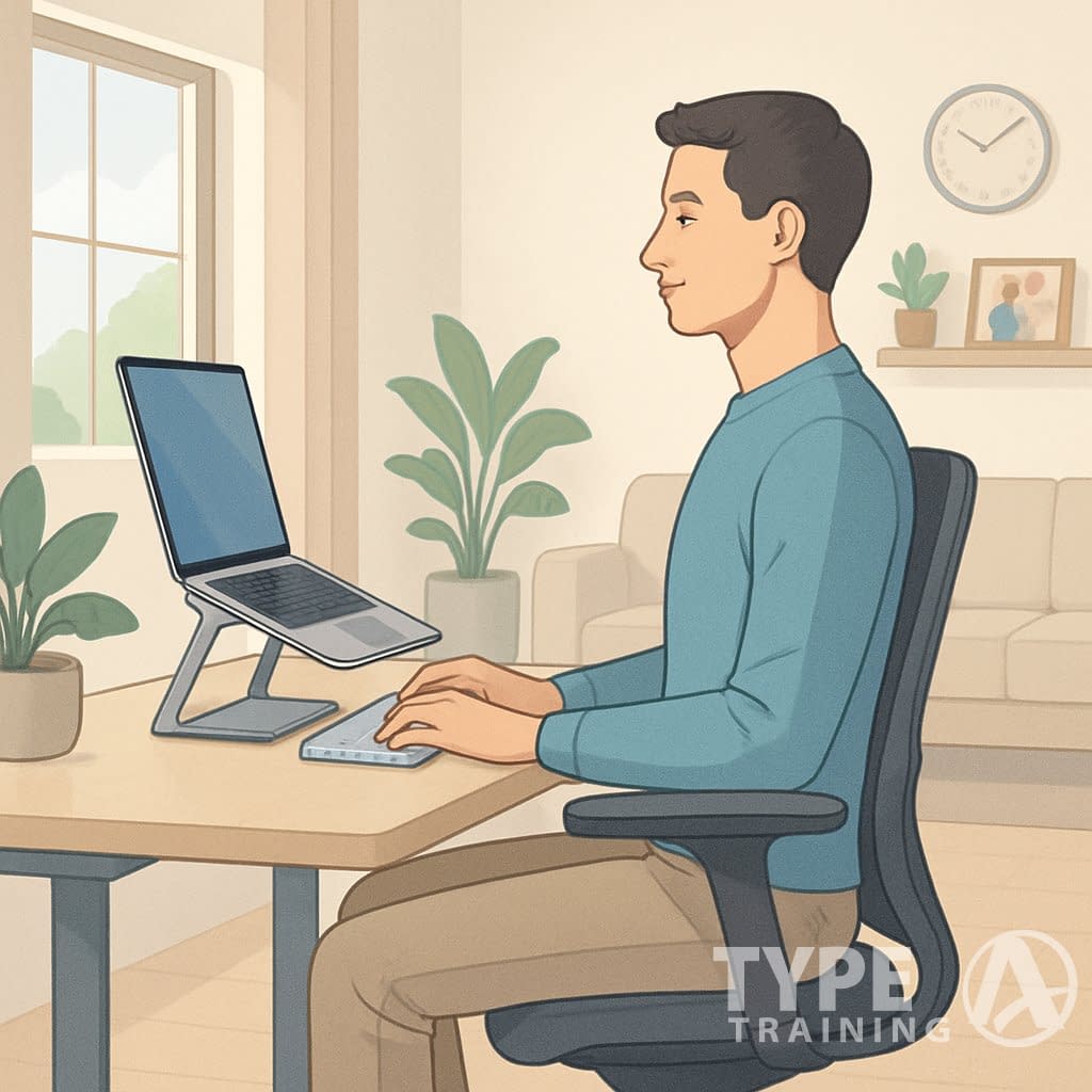 A person sitting at a home office desk with good posture, working on a laptop in a bright room with a cozy living area in the background.