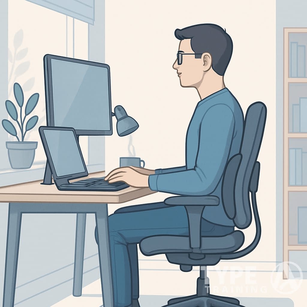 A person sitting upright at a desk in a home office, using a laptop with proper posture and ergonomic setup.