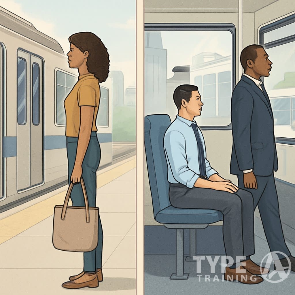 A group of commuters in a city setting demonstrating good posture while standing, sitting, and walking during their daily travel.