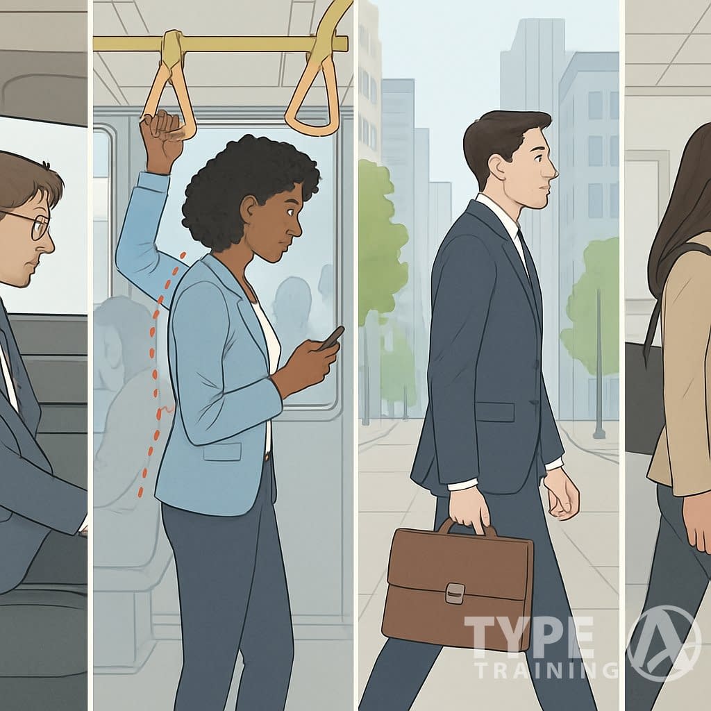 Several professionals commuting by car, train, and walking, showing examples of good and bad posture during their daily commute.