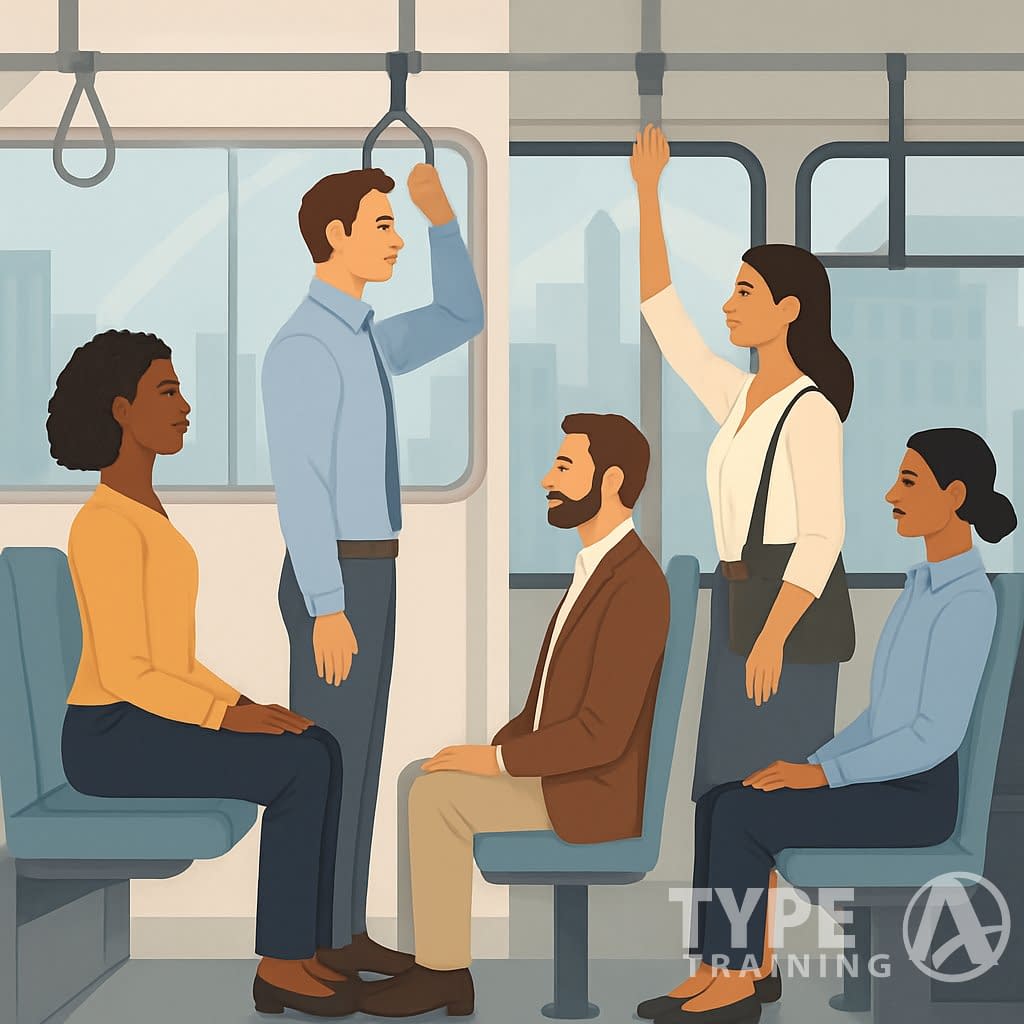 A group of commuters in a subway and bus maintaining good posture while traveling in a city setting.
