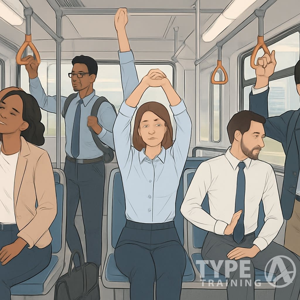 People commuting on a bus and train performing gentle stretches and posture exercises while seated and standing.