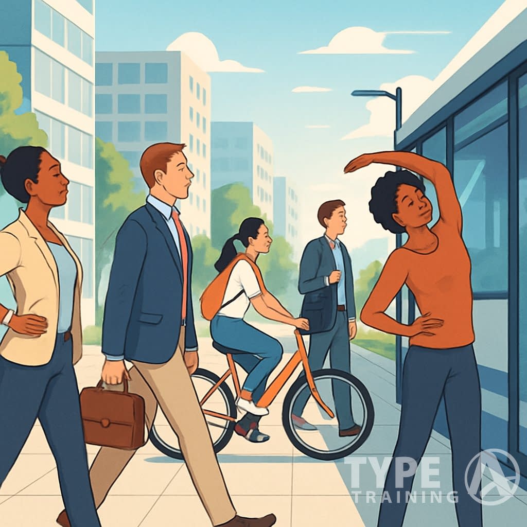 People commuting in a city while walking, cycling, and waiting for transit, demonstrating good posture and subtle stretching exercises.