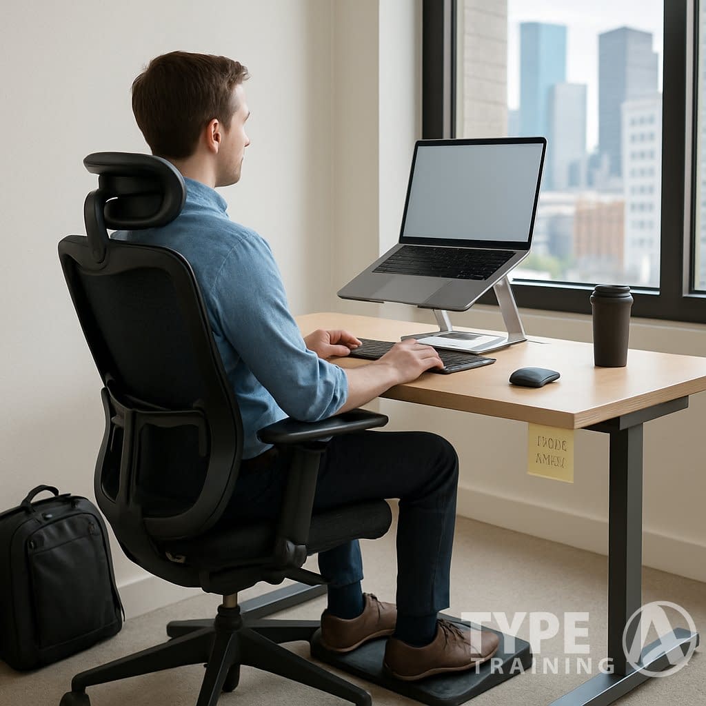 An office desk with ergonomic chair, laptop on a stand, external keyboard, footrest, and commuter bag by a window overlooking a city.
