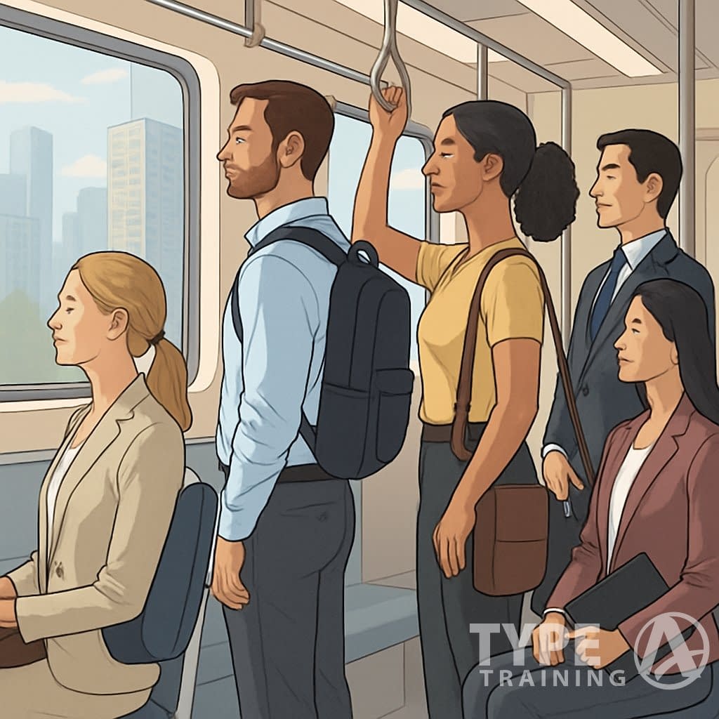 A group of commuting professionals standing and sitting with good posture inside a crowded subway train, showing straight backs and relaxed shoulders.