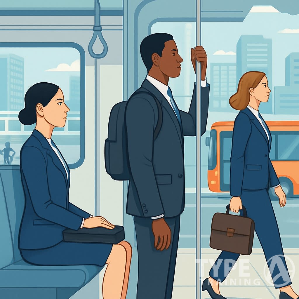 Business professionals commuting in a city using good posture techniques while sitting, standing, and walking.