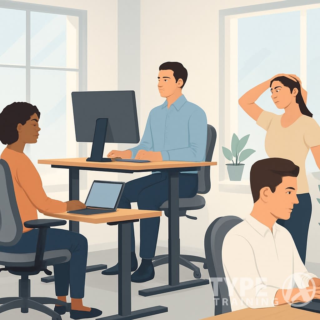 Office workers using ergonomic desks and chairs with good posture, some doing neck stretches, in a bright and modern digital workplace.