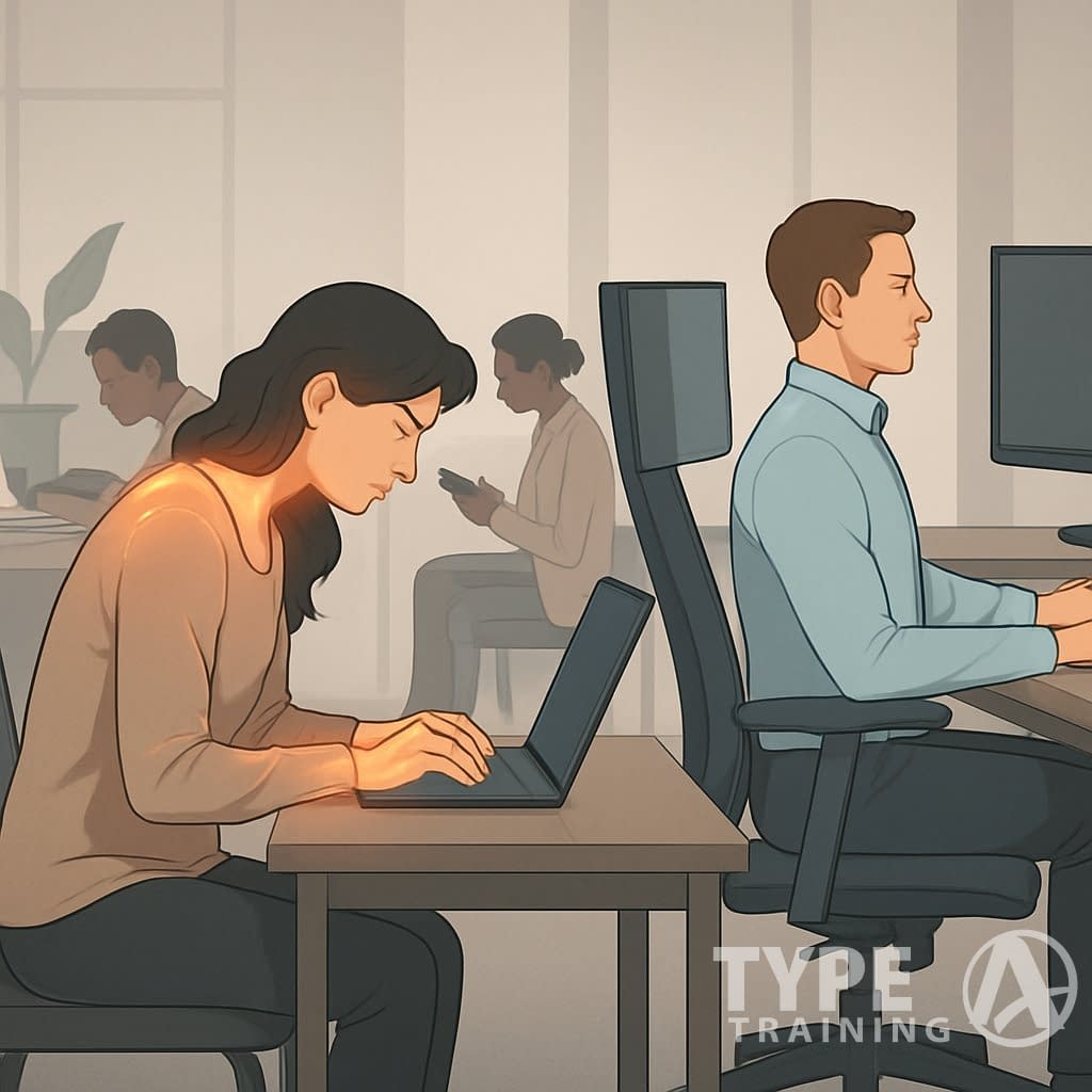 Office workers at desks using computers, some showing poor neck posture and others demonstrating correct ergonomic posture.