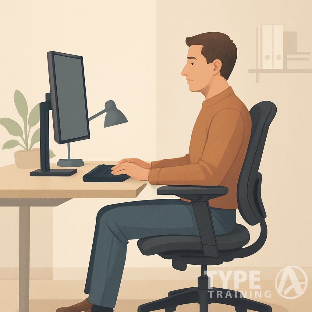 A person sitting at a desk with a computer monitor at eye level, using an ergonomic chair with proper posture in a tidy office setting.