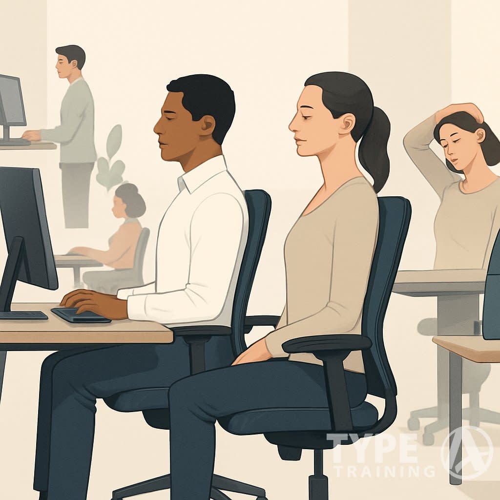 Office workers demonstrating proper posture and neck stretches at ergonomic desks in a digital workplace.