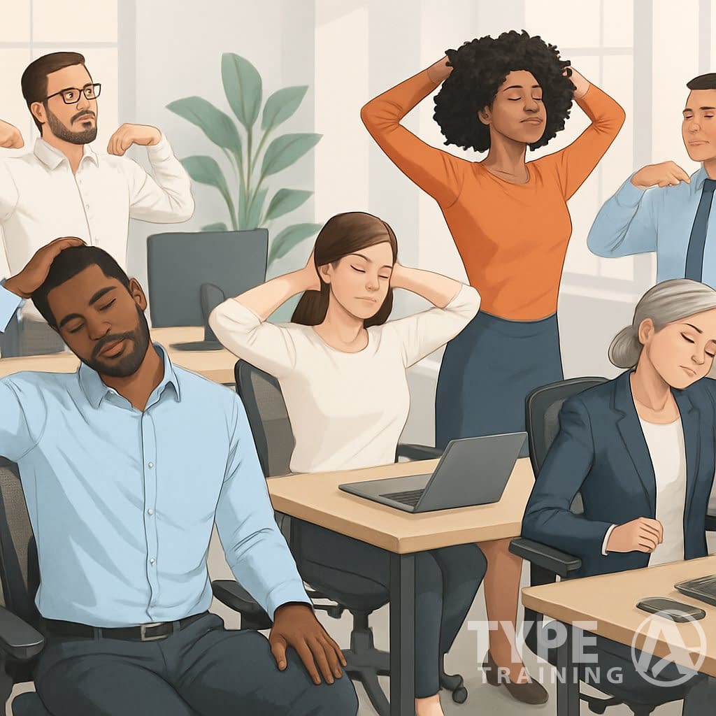 Office workers doing neck and back stretches at their desks in a modern workplace to prevent tech neck.