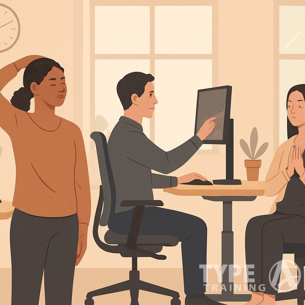 Office workers using ergonomic desks and chairs, stretching and adjusting monitors to prevent neck strain in a bright workplace.