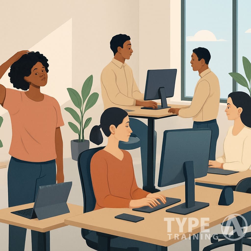 Office workers using ergonomic workstations and doing neck stretches to prevent tech neck in a digital workplace.