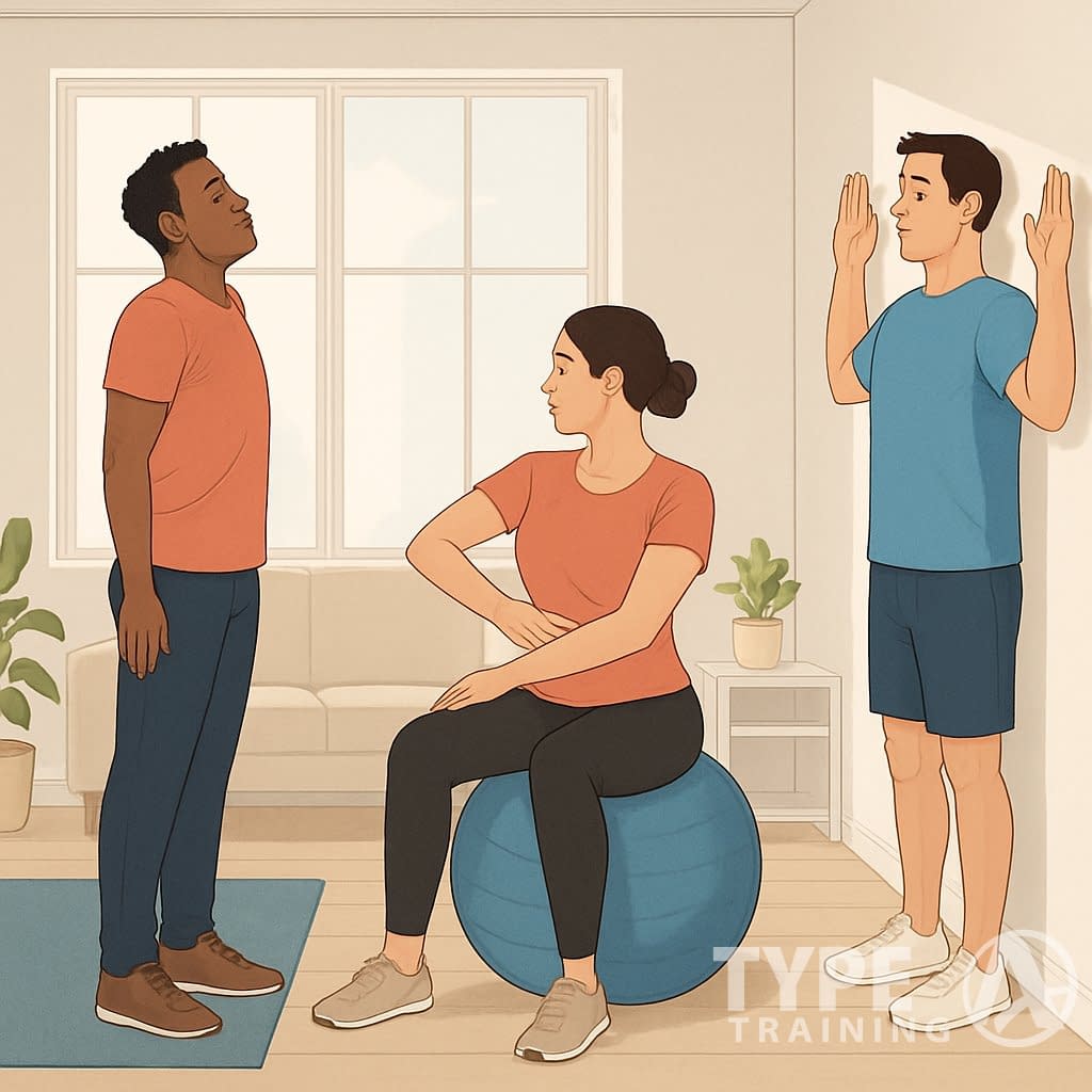 Three adults doing different posture-improving exercises in a bright living room with exercise equipment nearby.