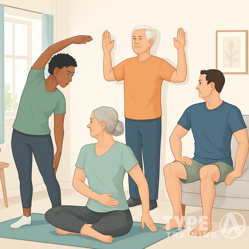 People of different ages exercising at home to improve their posture in a bright living room.