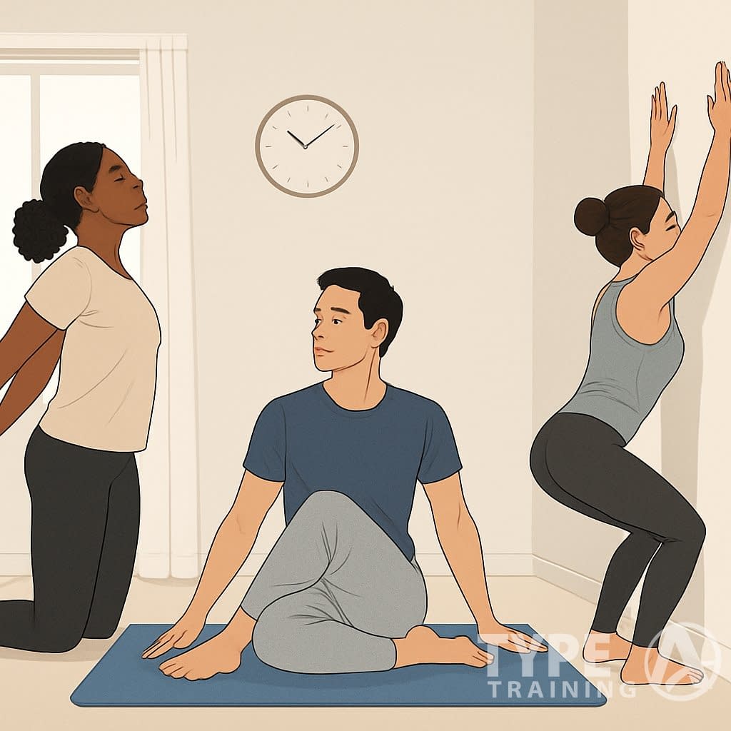 Three adults doing different posture-improving exercises in a bright living room with workout mats and natural light.